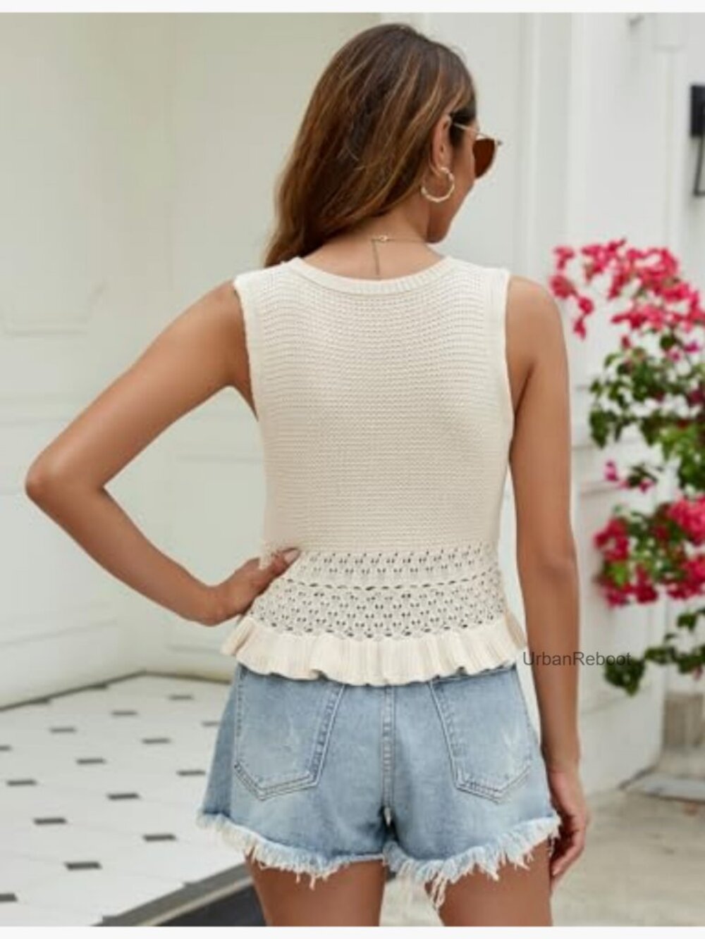 Crochet Crop Tank Top Sleeveless Knit Sweater Vest Ruffle Hem - Picture 2 of 7